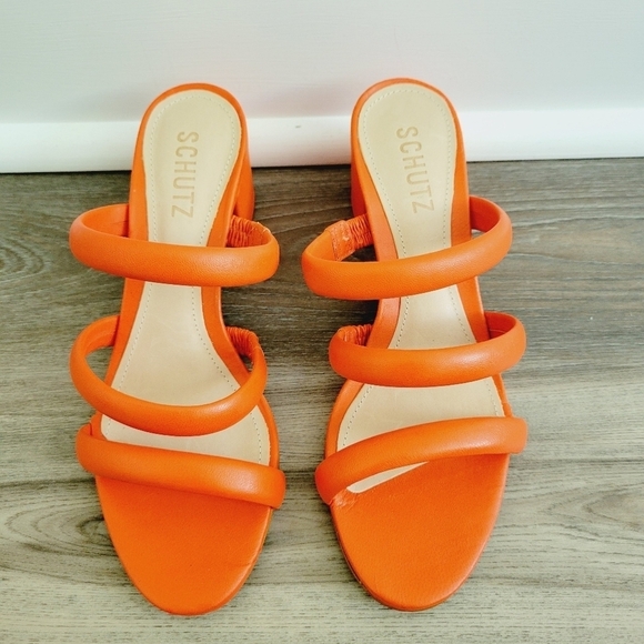 SCHUTZ Olly Slip On Block Heel Leather Sandal Orange Size 7 B Made In Brazil - Picture 2 of 5